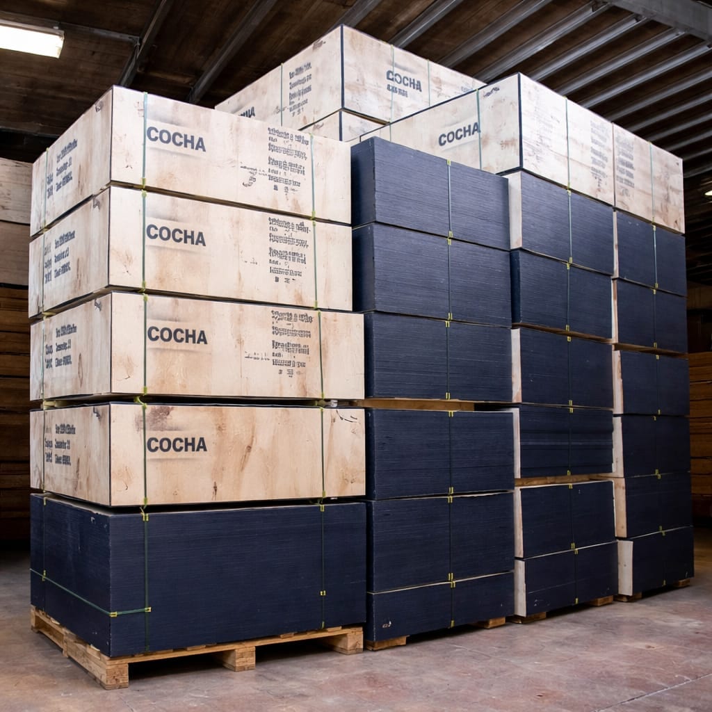 Paletlerde istiflenmiş plywood levhalar